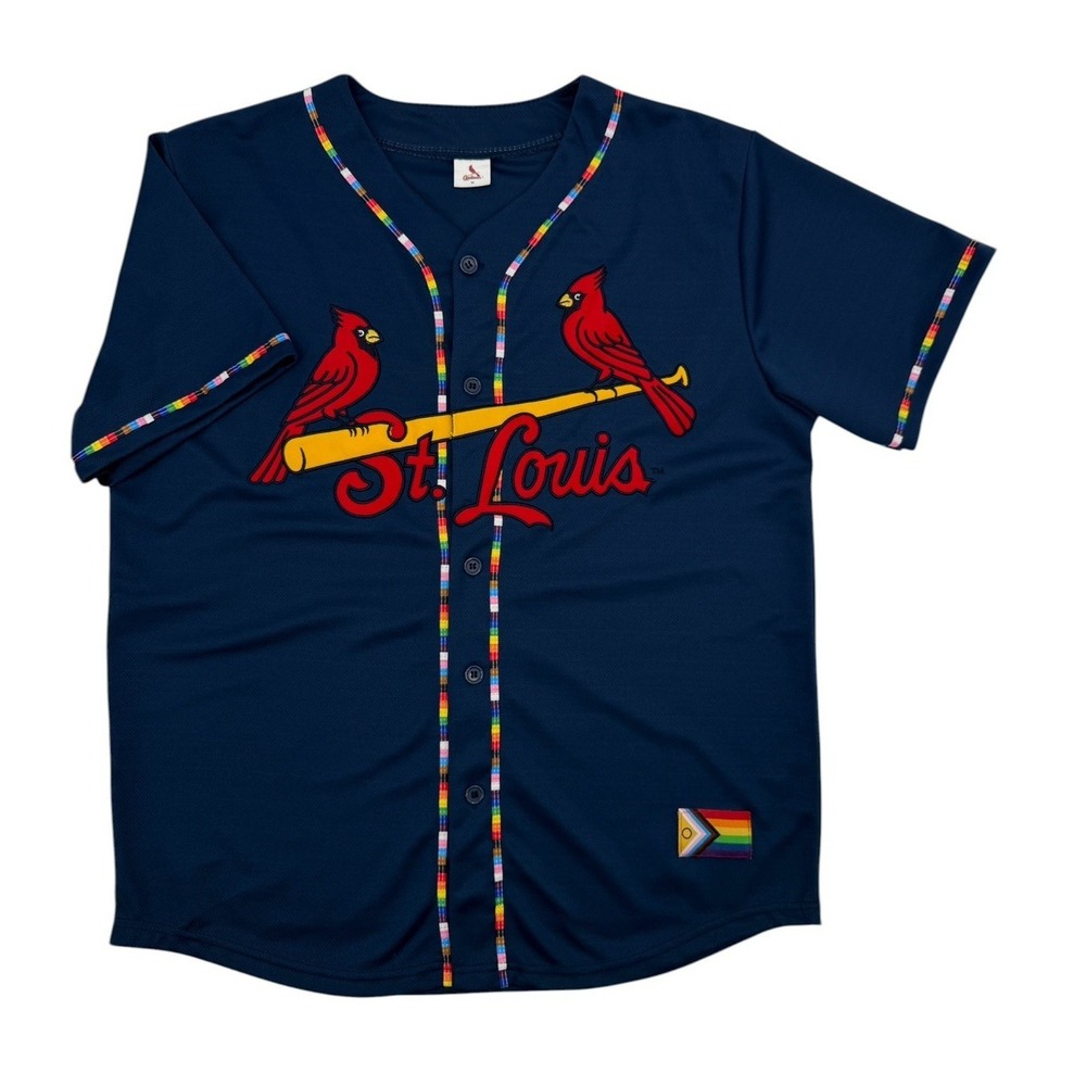 St. Louis Cardinals Pride Jersey Mens M Rainbow Trim MLB Baseball Button Front